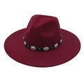 Detail of wide brim burgundy felt fedora hat with black leather band and silver metal buckle - Burgundy