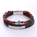 Bracciale multistrato in pietra occhio di tigre e pelle nera con croce e chiusura magnetica - Color Acciaio