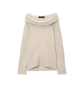 Détail d'un pull en maille abricot à épaules dénudées avec texture côtelée et col bénitier - S / Blanc Cassé