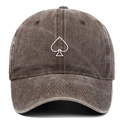 Close-up of the vintage washed cotton texture and embroidered spade outline on the cap - Coffee