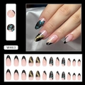 Uñas postizas francesas con degradado negro, pan de oro y diseños de mariposas - Mariposa Misteriosa [Estilo Pegamento] (W463)