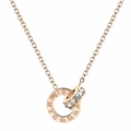 Rose gold titanium necklace with interlocking roman numeral rings and pavé zircon stones - Rose Gold