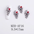 Gothic alloy nail art charms featuring crescent moon and red heart crystal drops - Red Heart Moon Drip (AF16)