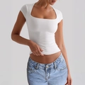 T-shirt de sport de yoga ajusté pour femme blanc avec un col carré élégant - Blanc