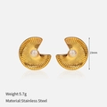 Detail view of 23mm fan-shaped 18k gold plated earrings with white pearl inlay - Gold Fan Shaped Pearl Style