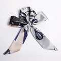 Silky ribbon scarf with hot air balloon pattern tied in a bow with blue and beige colors - S40-Blue Gray Hot Air Balloon