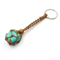 Handwoven mesh keychain featuring a turquoise stone and dark wooden bead with silver ring - Blue Turquoise + Brown Mesh Keychain