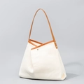 White knit tote bag with brown leather straps and metal rivets for a stylish commute - 42*10*32cm / Off White