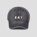 Macro detail of EAT embroidery on washed grey denim baseball cap with vintage texture - M (56-58cm) / Gray