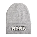 Light gray knit beanie with MAMA embroidery, outdoor winter thermal headwear for women - MAMA-Adult Style / Gray