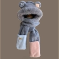 Cute grey plush 3-in-1 hat scarf gloves set with bear ears and pink cat paw pockets - Starry 3-piece Set - Grey
