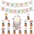 Floral tea party birthday decoration set with Happy Birthday banner and cupcake toppers - Tea Party Combo Set 1 (Banner + Toppers)