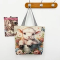 Off-white canvas tote bag featuring embroidered sheep and floral motifs with striped handles - Flower Gold Thread Single Sided Lamb