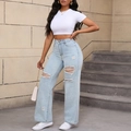 Details von hellblauen High Waist Jeans mit weitem Bein und Rissen im Kniebereich - XS / Weißblau