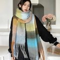 Rainbow plaid knit scarf with long tassels in Morandi colors for winter warmth - No.15 Yellow Grey Blue Plaid