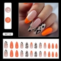 Almond-shaped press-on nails in orange and cow print with glitter French tips, 24 pieces - W712 Warm Orange Leopard Print (Glue Type)