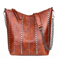 Brown PU leather shoulder bag with metallic rivets and a stylish chain strap - Style 3 / Brown