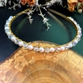 Macro detail of natural pearls and crystal beads on a golden wire headband accessory - Pearl and Crystal Headband / Gold