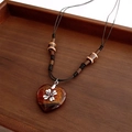 Ethnic retro heart tiger eye stone pendant necklace with brown wooden beads - 9# Necklace-Brown-Black (Amber Heart)