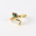Detail of gold snake open ring with green water-drop stone and zircon accents - Adjustable Open / Green-Eyed Snake Style(XJZ48)