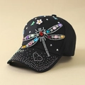 Fashionable black baseball cap with colorful rhinestone dragonflies and butterfly motifs - Black