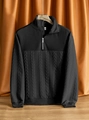 Detail of black stand collar knit sweater showing geometric twill and cable knit texture - S / Black