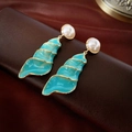 Vintage gold spiral conch earrings with lake blue enamel and white pearls - Lake Blue Enamel Spiral Conch Style