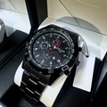 Men's black stainless steel quartz chronograph watch with luminous hands and date display - Black Strap Black Dial