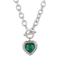 Silver toggle necklace with chunky chain and green heart-shaped faceted crystal pendant - Silver Green Heart (KN229681-Z)