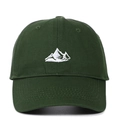 Detailed close-up of white mountain embroidery on dark green cotton baseball cap - Army Green