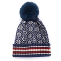 Deep blue bohemian knit beanie with geometric diamond pattern and faux fur pompom - M (56-58cm) / Navy Blue