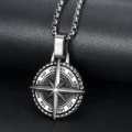 Vintage Kompass Anhänger Halskette für Herren aus Silber Edelstahl mit klassischer O-Kette - Stahlfarbener Stil - Mit Kette (F0402)