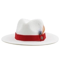 White straw fedora hat with a red ribbon and feather accent for summer beach vacations - M (56-58cm) / White