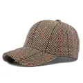 Brown plaid baseball cap in textured tweed fabric with classic checkered pattern - Adjustable / Coffee
