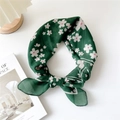 Dark green cotton linen square scarf with white cherry blossom print in a bow style - 16 Cotton - Sakura Border Green