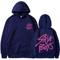 Dunkelblauer Saja Boys Hoodie mit pinkem Logo auf Vorder- und Rückseite im Flatlay - S / Marineblau