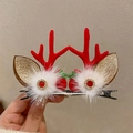Christmas reindeer antler hair clip with red ears, white pom poms and golden glitter - 70# Christmas Antler Hair Clip Gem White Faux Fur