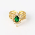 Detail of gold crown ring set with emerald drop gemstone and white zircon accents - Adjustable Open / Emerald Pear Crown Style(XJZ41)