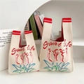 Borsa tote in maglia con motivo a tulipano rosa e scritta 'Sweet life' crema - Tulipano Semplice