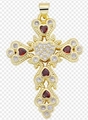 Golden cross necklace with five red heart gemstones and small clear cubic zirconia - Style 100/Gold Red Heart Zircon Cross