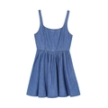 Blue denim mini dress with flared hem and wide shoulder straps on white background - XS / Denim Blue