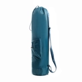 Detail view of a navy blue yoga mat bag with adjustable strap and front zipper pocket - Blue