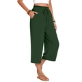 Women's high-waisted wide-leg linen pants in dark green with drawstring and pockets - S / Army Green