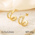 Golden double-layer C-shaped stainless steel earrings with white zircon inlays - Gold