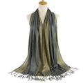 Dark grey and gold geometric pashmina shawl with tassel trim for women - Dark Gray
