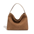 Handwoven brown leather hobo tote bag with vintage matte finish and shoulder strap - Khaki