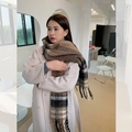 Winter mohair plaid scarf in brown and beige with fringe, worn over a beige coat - Coffee
