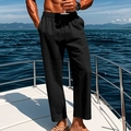Men's loose black cotton linen trousers with drawstring waist for beach holiday style - S / Black