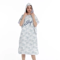 White hooded surf changing robe with gray palm trees and Surf print for beach and swimming - One Size / Button Style - Light Coconut Grove