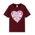 Maroon Mother's Day T-shirt with heart and floral print in a casual short sleeve style - Wine Red (Heart Pattern)